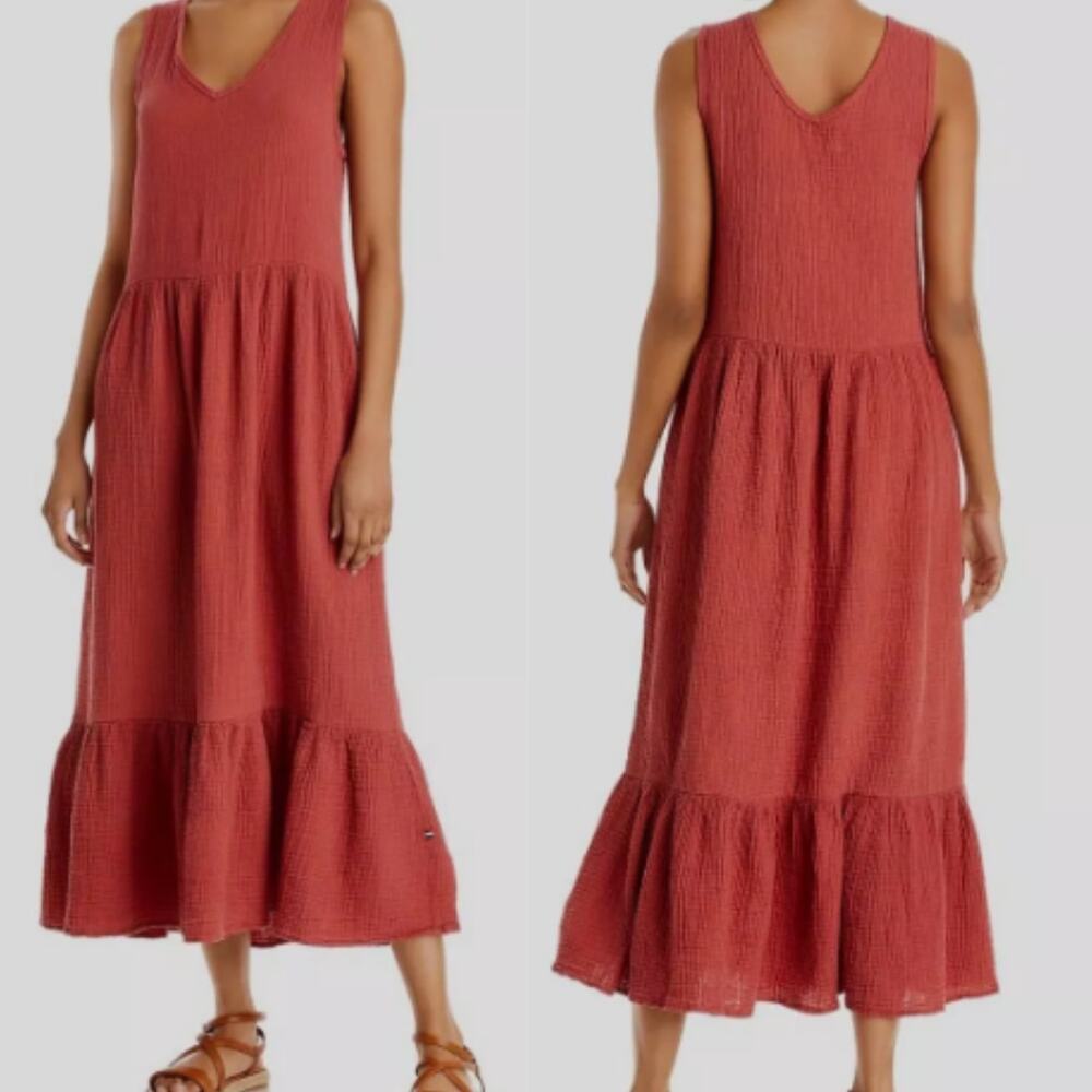 SOL Angeles Women's V-Neck Sleeveless Crepe Midi Ruffle Dress S Orange *Read